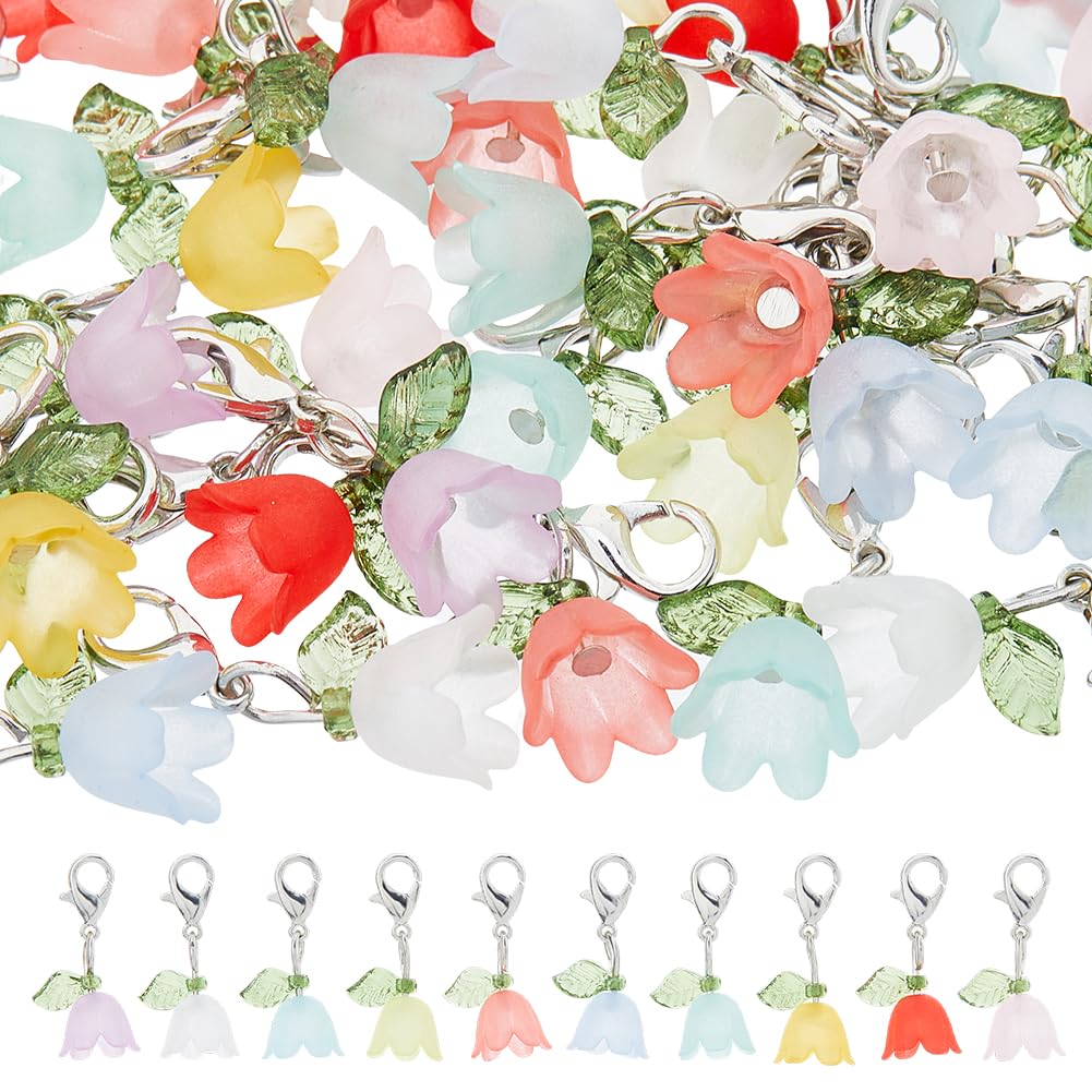Hobbspring 50Pcs 10 Colors Acrylic Flower Pendants Lily Floral Charms Valley Bell Flower Charms with Alloy Lobster Claw Clasps for Necklace Bracelet Earring Jewelry Making