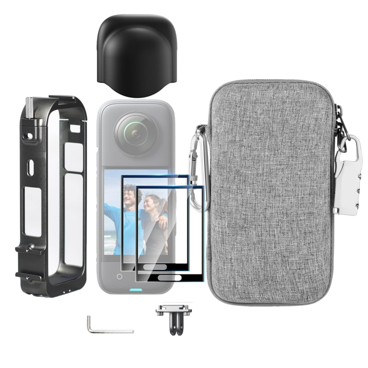 LEWOTE 7in1 Compatible with Insta360 X4 Accessories Kit[Aluminium Protective Frame Cage&Silicone Cap][2Pcs 3D Screen Protector Film][Carrying Case Bag with Auto Locking Carabiner and Anti-loss Lock]