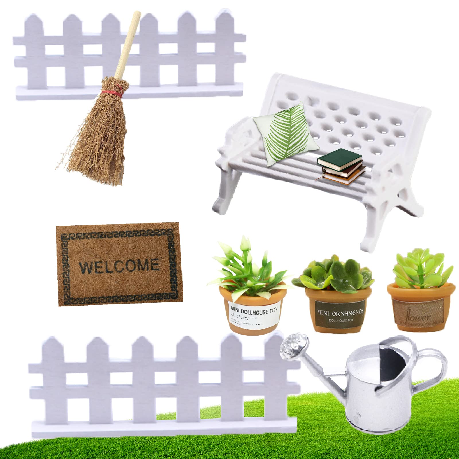 DONGZQAN 9 Pieces Furniture Decoration Mini Ornament, Miniature Garden Tools, 3 Mini Plants, 1 Bench, 1 Broom, 1 Carpet, 1 Watering Can, 2 Fences. Suitable for Decorating Mini Garden