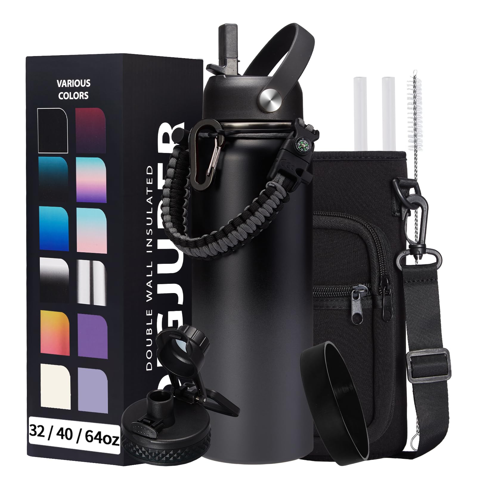 Photo 1 of Vacuum Insulated Water Bottle 40oz - w/Straw Lid & Spout Lid, Carrier Bag, Paracord Handle, Bottle Boot, Stainless Steel Water Bottle for Adults, Wide Mouth Thermo Bottle Flask Cold-48H Hot-24H