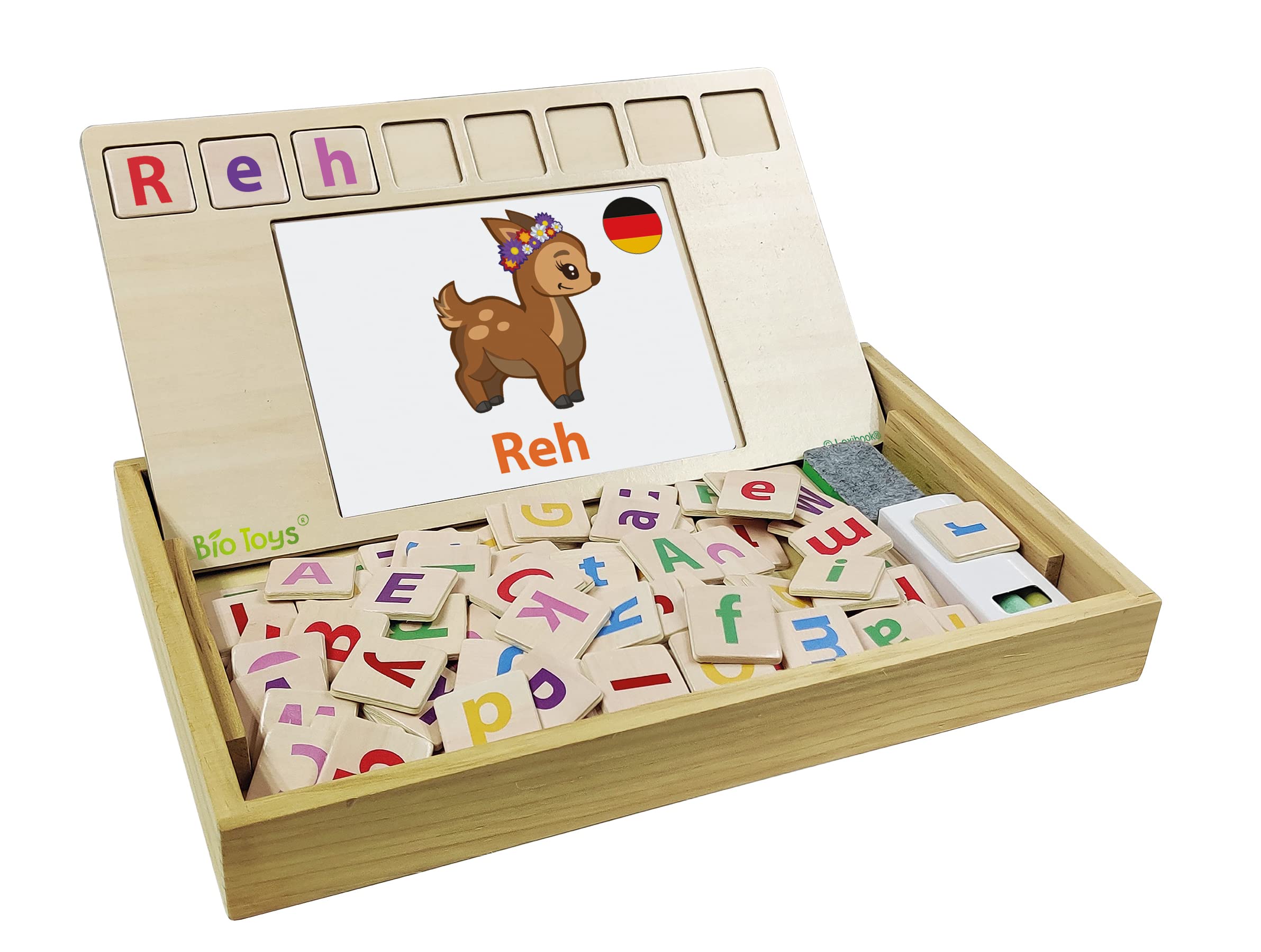 LEXIBOOK Bio Toys Word School, bilingual German/English, wooden game, 50 word cards, alphabet, educational game, EDU100i3