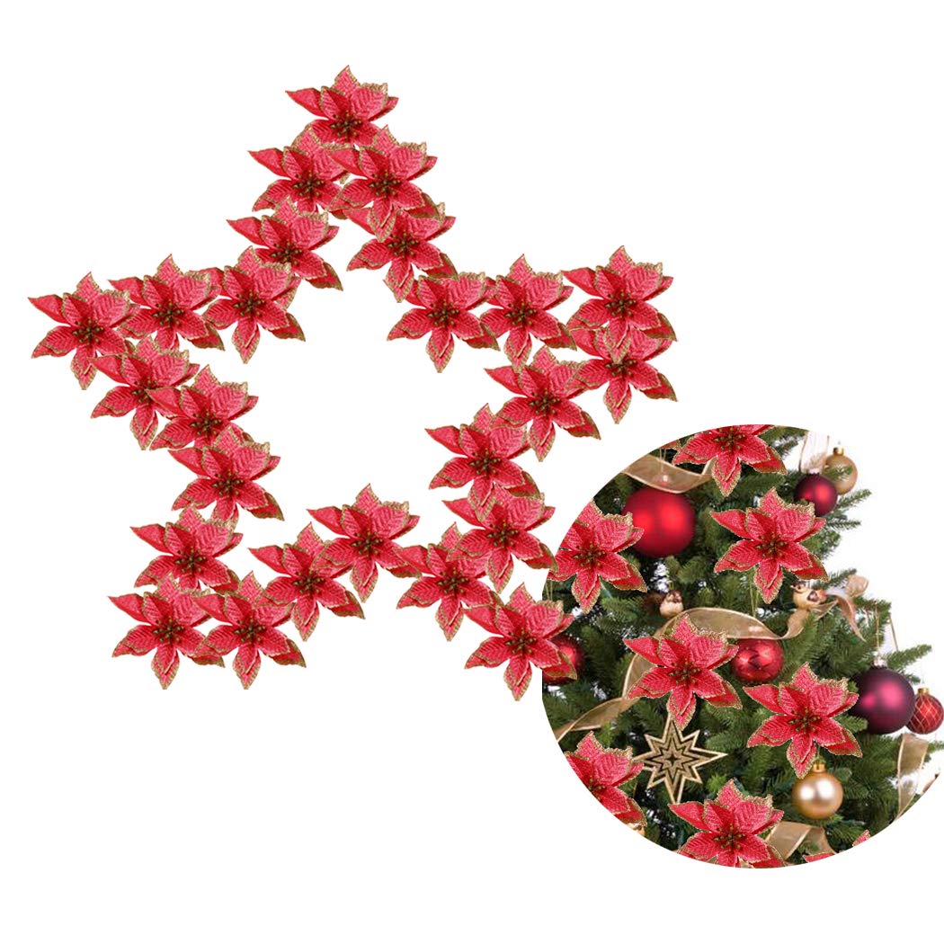 Outgeek Christmas Tree Ornament, 24Pcs 5.91\'\' Glitter Artificial Flowers Christmas Flowers for Wedding Party Christmas Decorations