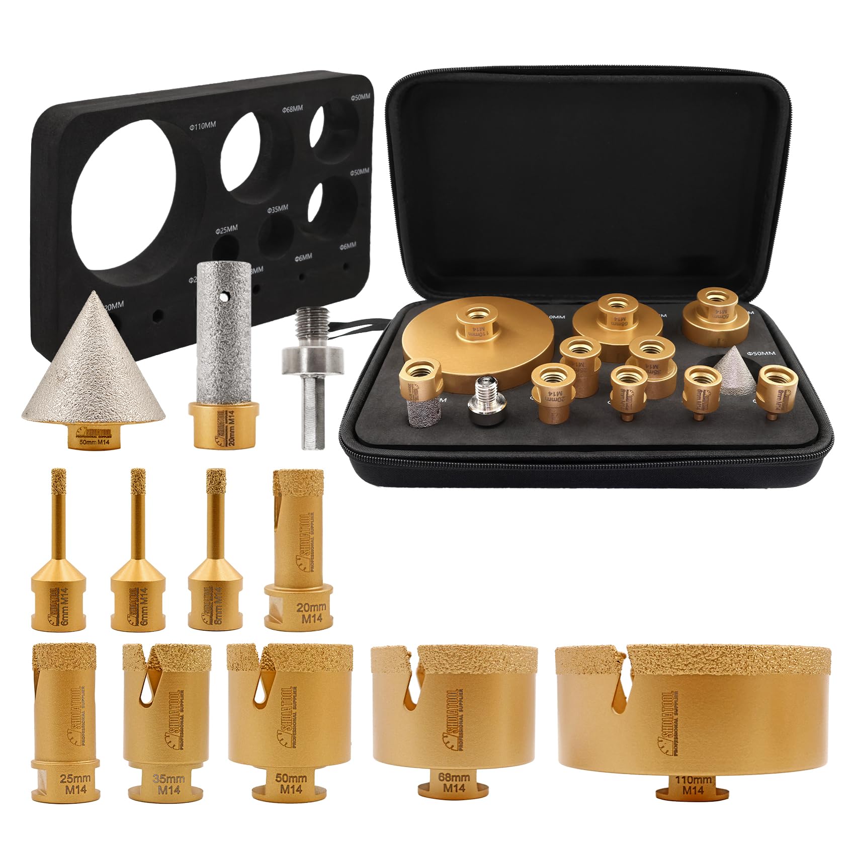 SHDIATOOL Diamond Core Drill Bit Set - 12pcs (6/6/8/20/25/35/50/68/110+20mm Finger Milling Bit+50mm Beveling Chamfer Bit+Hex) Hole Saw Kit Tile Drill Bits for Porcelain Ceramic Marble M14 Thread