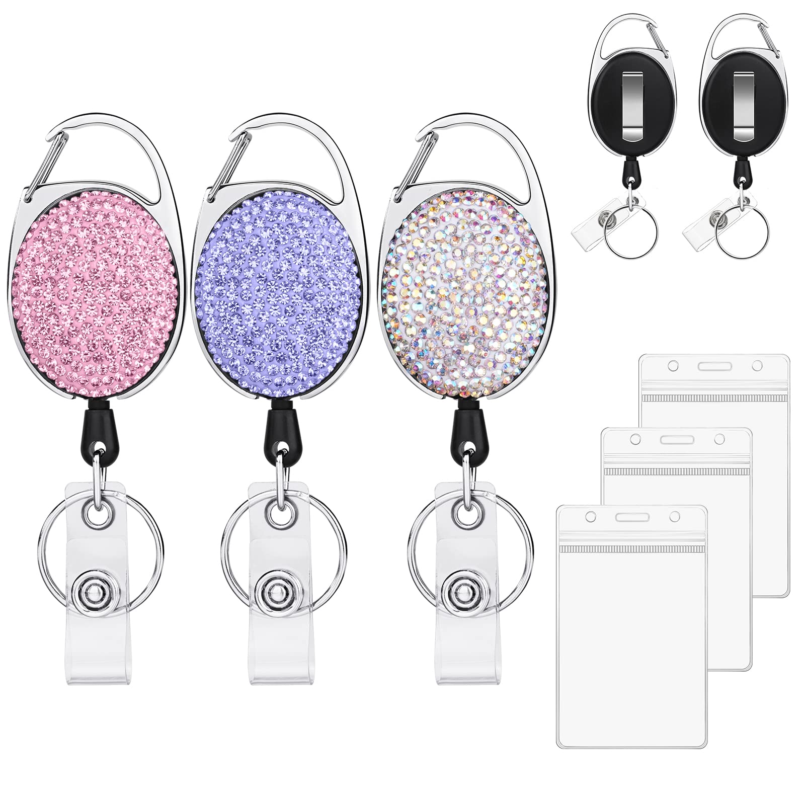 Vicloon Retractable ID Badge Holder, 3pcs ID Name Badge Reels and 3pcs ID Card Holder, Key Lanyard Belt Clip with Rhinestones for Office Worker Teacher Doctor (Multicolor, Purple, Pink)