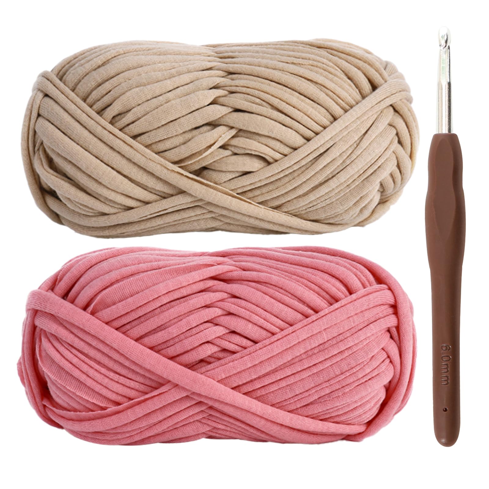 T-Shirt Yarn for Crocheting 2x100g Chunky Crochet Yarn with 6mm Hook, Perfect for Crocheting Projects - Beginner - Friendly Elastic Fabric for DIY Crafts (Khaki)