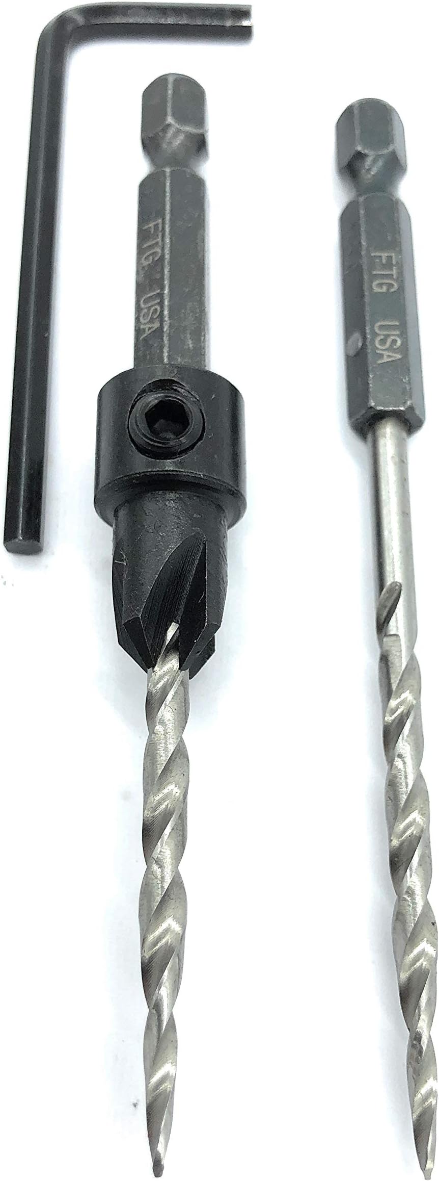 FTG USA Adjustable Wood Countersink Drill Bit Set #6 (9/64") with 1 Replacement HSS M2 Woodworking Tapered Drill Bit Secured with Pin Maximum Torque and 1 Hex Wrench (1/8" Allen Key) Included