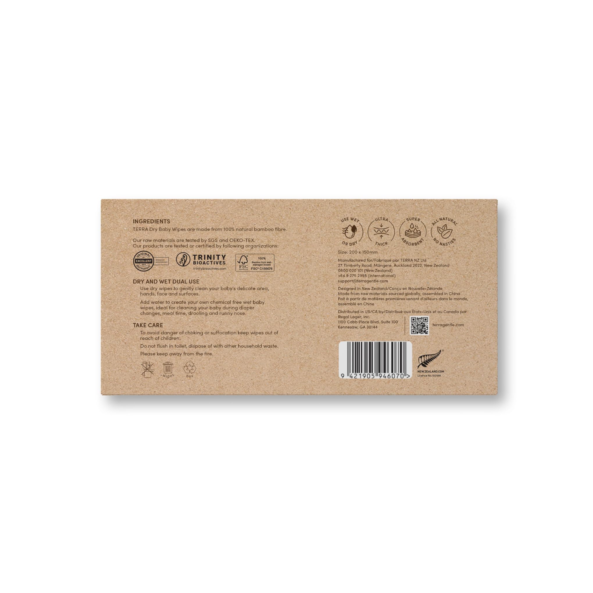 Terra Bamboo Dry Baby Wipes: Biodegradable Bamboo Fiber Wipes, Unscented, Sensitive Skin, 1 Pack of 48