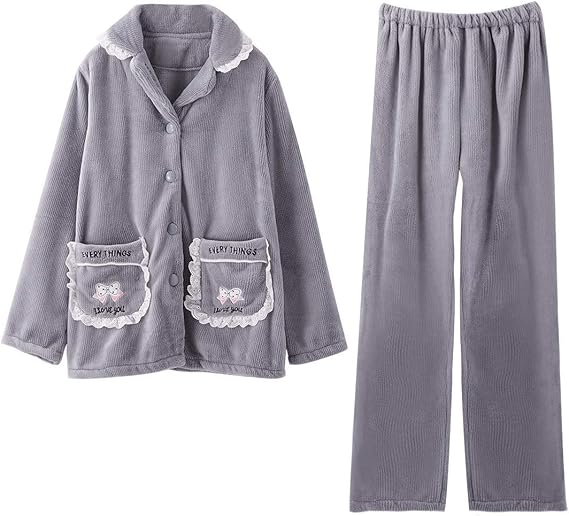 Amazon パジャマ レディース 長袖 秋冬 もこもこ 厚手 フランネル 前開き 上下セット 2点セット ゆったり ふんわり かわいい トップス パンツ 保温 肌に優しい 寝巻き ネグリジェ ルームウェア 部屋着 便利服 旅行 女の子 大人 グレー パジャマ ルームウェアセット 通販