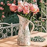 Vintage Ceramic Pitcher Vase with Handle, Farmhouse Green and Pink Large Floral Vases, Chinoiserie Decorative Vase, Rustic Table Centerpiece for Home Decor Living Room, Bookshelf, Office 10.5 Inch