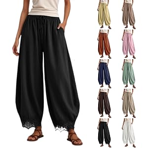 Womens Cropped Lace Hem Pants Casual Drawstring Waist Barrel Pants | Barrel Bloomer Lace Balloon pants Bottom Drawstring Wais