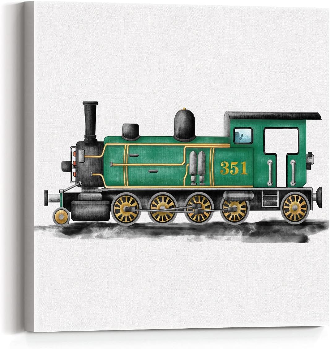 Wall Décor - Train Canvas Wall Art Transportation Framed Steam Locomotive Painting Print Watercolor Nursery Art Vehicles Canvas Wall Decor for Home Bedroom Kids Room 12x12 Inch