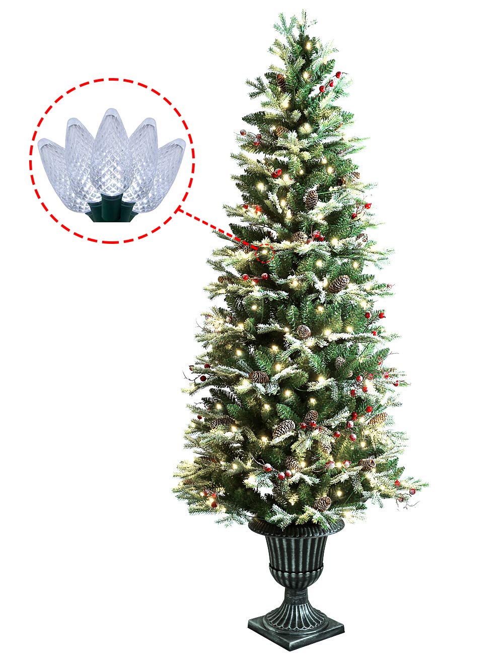 ABUSA Prelit Potted Pencil Christmas Tree 6.5 ft Frosted Pine Cones Red Berries Snow 200 LED ABUSA Prelit Potted Pencil Christmas Tree 6.5 ft Frosted Pine Cones Red Berries Snow 200 LED
