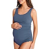 Summer Mae Scalloped Maternity Swimsuit One Piece Ribbed Bathing Suit Cutout Ruched Pregnancy Swimwear Tie Back