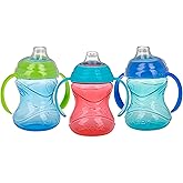 Nuby 3 Piece No-Spill Grip N’ Sip Silicone Cup with Soft Flex Spout, 2 Handle with Clik It Lock Feature, Boy, 10 Ounce