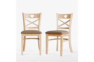 Livinia Heart X-Back Dining Chair Set of 2, Solid Malaysian Oak PU Leather Upholstered Cushion Seat Wooden Cross Back Side Chairs (Natural-Oak)