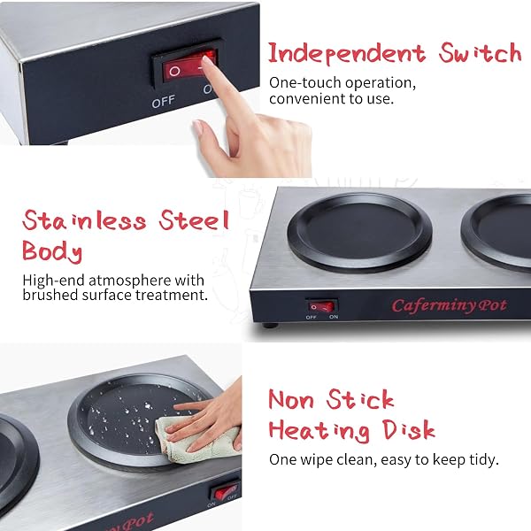 COMMERCIAL COFFEE WARMER DUAL DECANTER WARMER PLATE, STAINLESS STEEL PORTABLE WARMER FOR STANDARD GLASS DECANTER, SUITABLE FOR CAFE, BREAK ROOM, BUFFET, EVENT AND COMMERCIAL USE