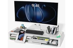 OImaster Monitor Stand Riser, Foldable Computer Monitor Riser, Adjustable Length Computer Stand and Storage Drawer & Pen Slot, Phone Stand Compatible Computer, Desktop, Laptop, Save Space (White)