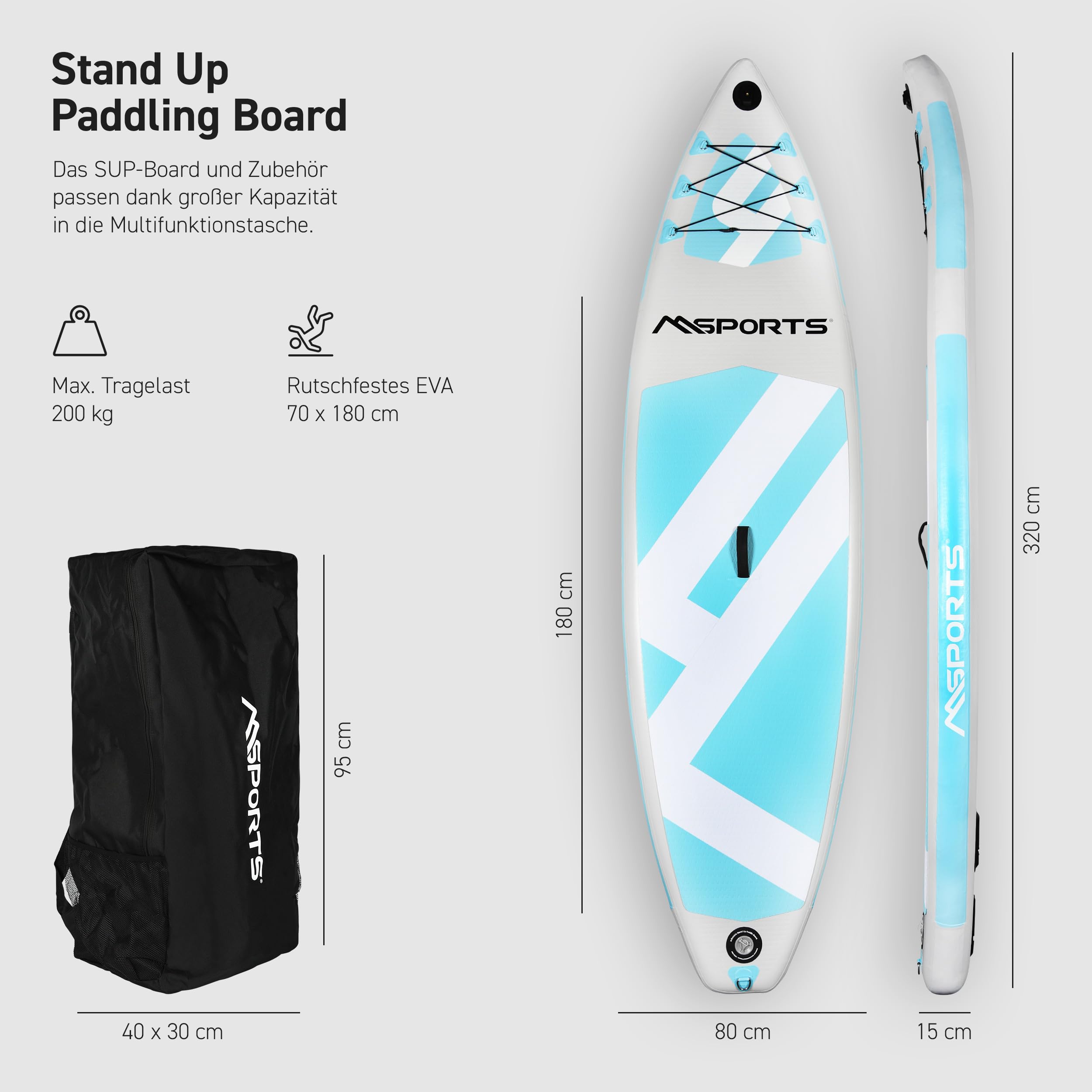 MSPORTS SUP - Stand Up Paddling Board - Aufblasbar Komplettes Paddleboard Zubehör Verstellbares Paddel, hochwertige Pumpe + 2X Paddelstock + wasserdichte Smartphone Tasche + Multifunktionstasche 7
