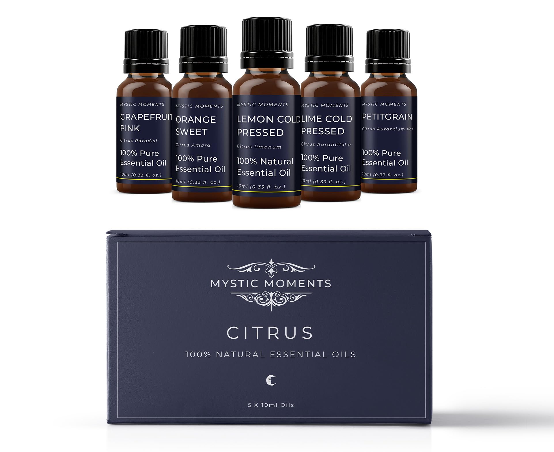 Mystic Moments | Citrus Essential Oil Gift Starter Pack 5x10ml | 5 Pure Aromatherapy Oils – Lemon Cold Pressed, Lime Cold Pressed, Orange Sweet, Grapefruit Pink & Petitgrain | Fresh Home Scent