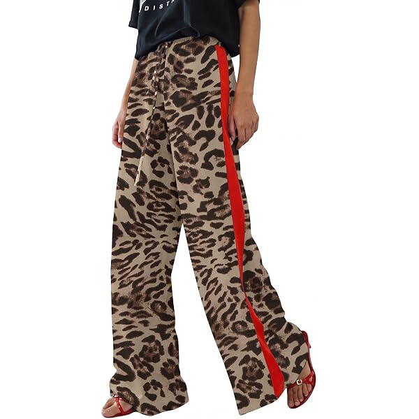 LIWEIKE Women's Leopard Print Pants Drawstring Color Block Side