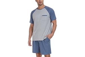 PrinStory Mens Pajama Sets Summer Pjs Sleepwear Nightwear Lightweight Quick Dry Soft Short Sleeve Sleep Set With Pocket S-4XL