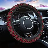 Swono Roses Red Car Steering Wheel Cover,Watercolor Red Roses with Green Leaves On The Black Safe Driving Anti-Slip Steering Wheel Covers Steering Wheel Protection Case No Smell Universal 15 Inch