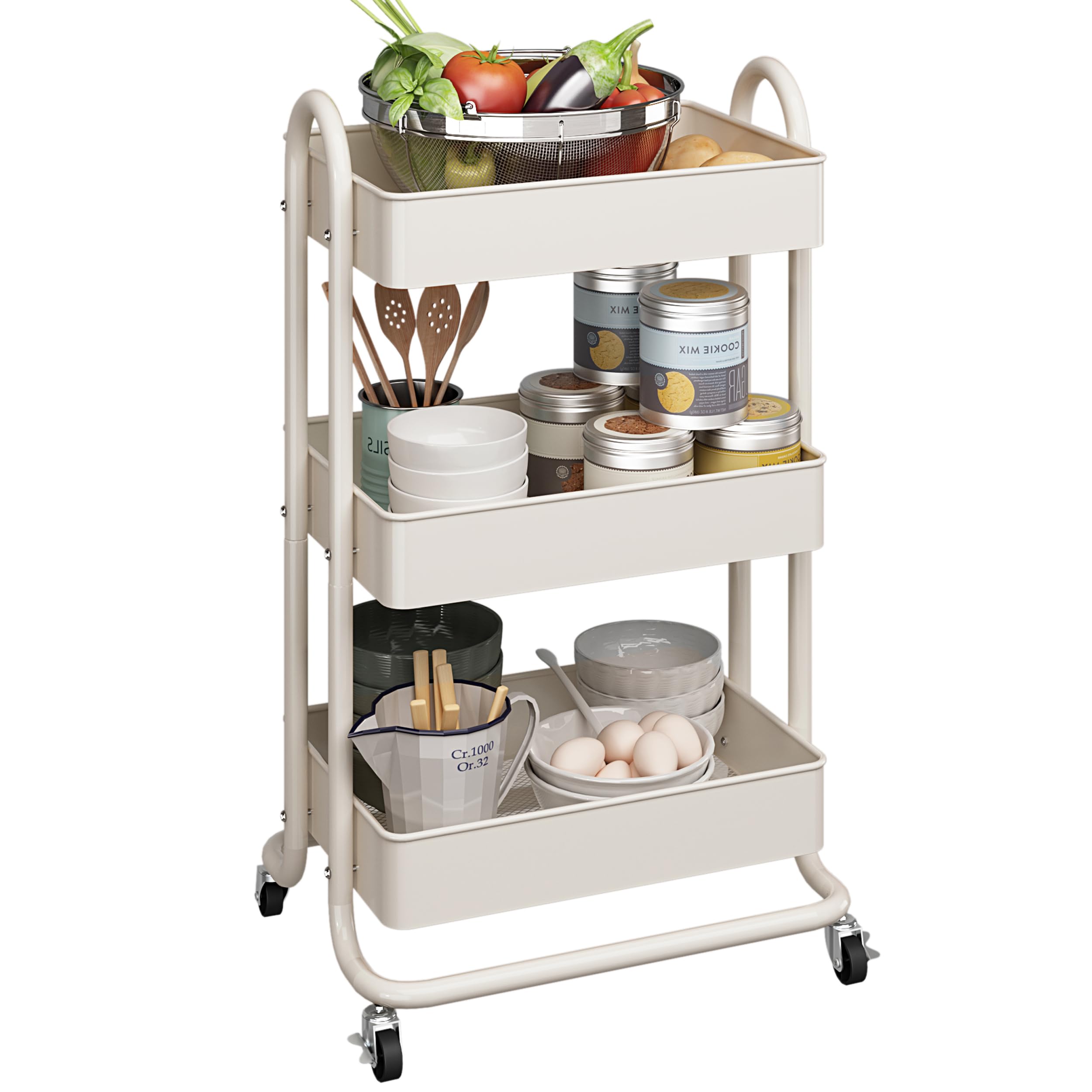 Photo 1 of MIOCASA 3-Tier Metal Utility Rolling Cart, Heavy Duty Multifunction Cart with Lockable Casters, Easy to Assemble, Suitable for Office, Bathroom, Kitchen, Garden