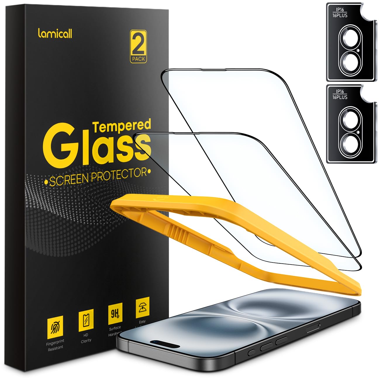 Lamicall 2+2 for iPhone 16 Screen Protector (6.1") with Camera Lens Protector, [Top 9H Tempered Glass Film], Easy Alignment Tool, Anti-Scratch, 0 Bubbles, HD Clear for iPhone 16 - [2-Pack Each] — image 1