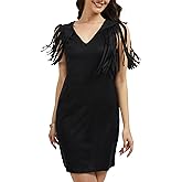 J.Corrine Western Style Faux Suede Fringe Dress Sleeveless V-Neck Bodycon Design with Tassels Hem Brown Black Cowgirl Outfit