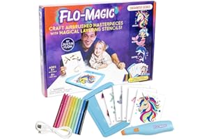 Flo-Magic Enchanted Airbrush Marker Stencil Art Kit- Unicorn, Mermaid, Dolphin- Washable Non-Toxic, Rechargeable- Craft kit for Kids Age 5 6 7 8 9 10