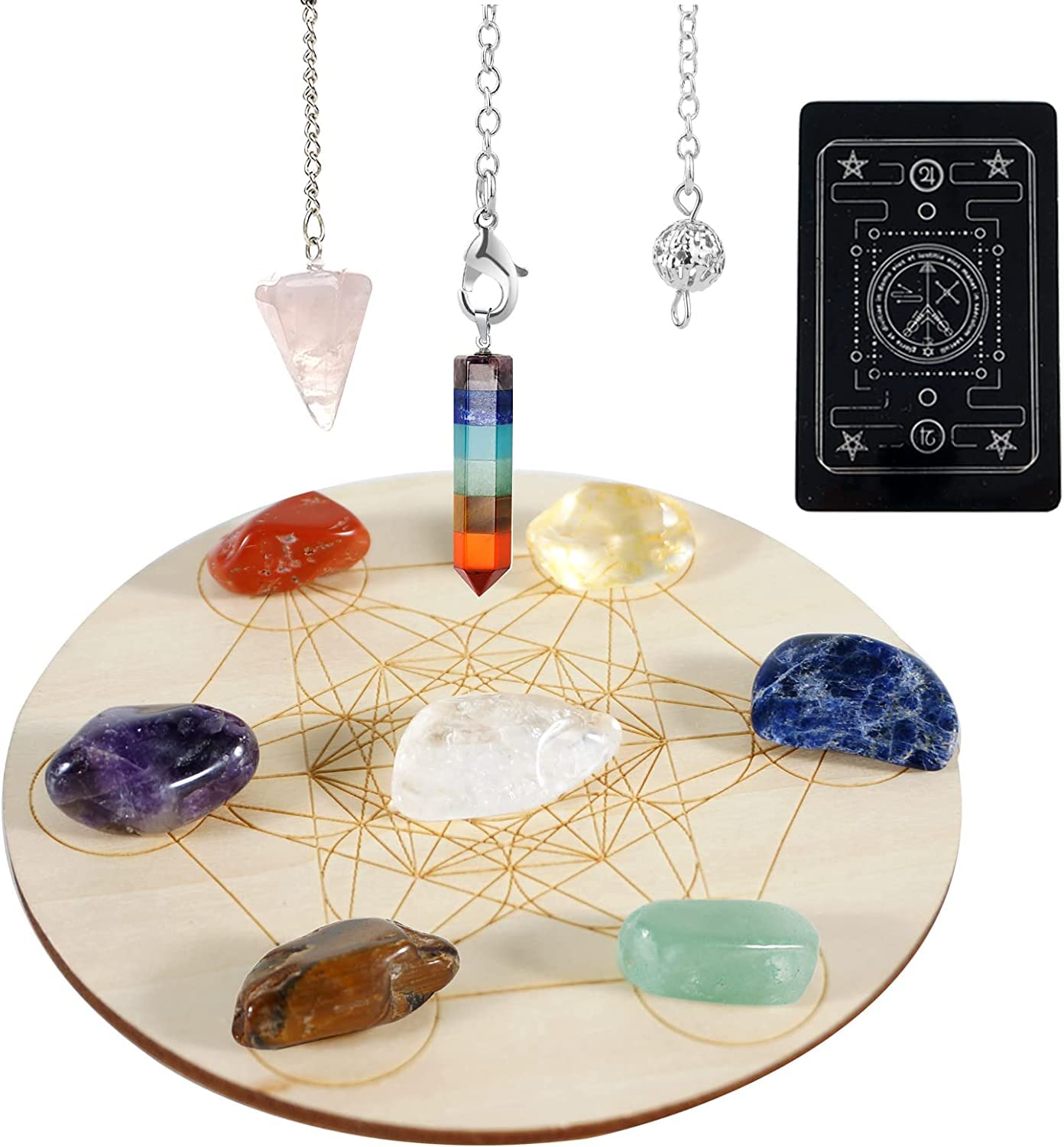 Soulnioi Chakra Healing Crystal Stone Set: 7pcs Seven Chakra Crystals Stone, 1pc Pink Crystal Pendulum, 1pc 7 Chakra Pendulum, 1pc Energy Wooden Plate, for Meditaion Reiki Balancing