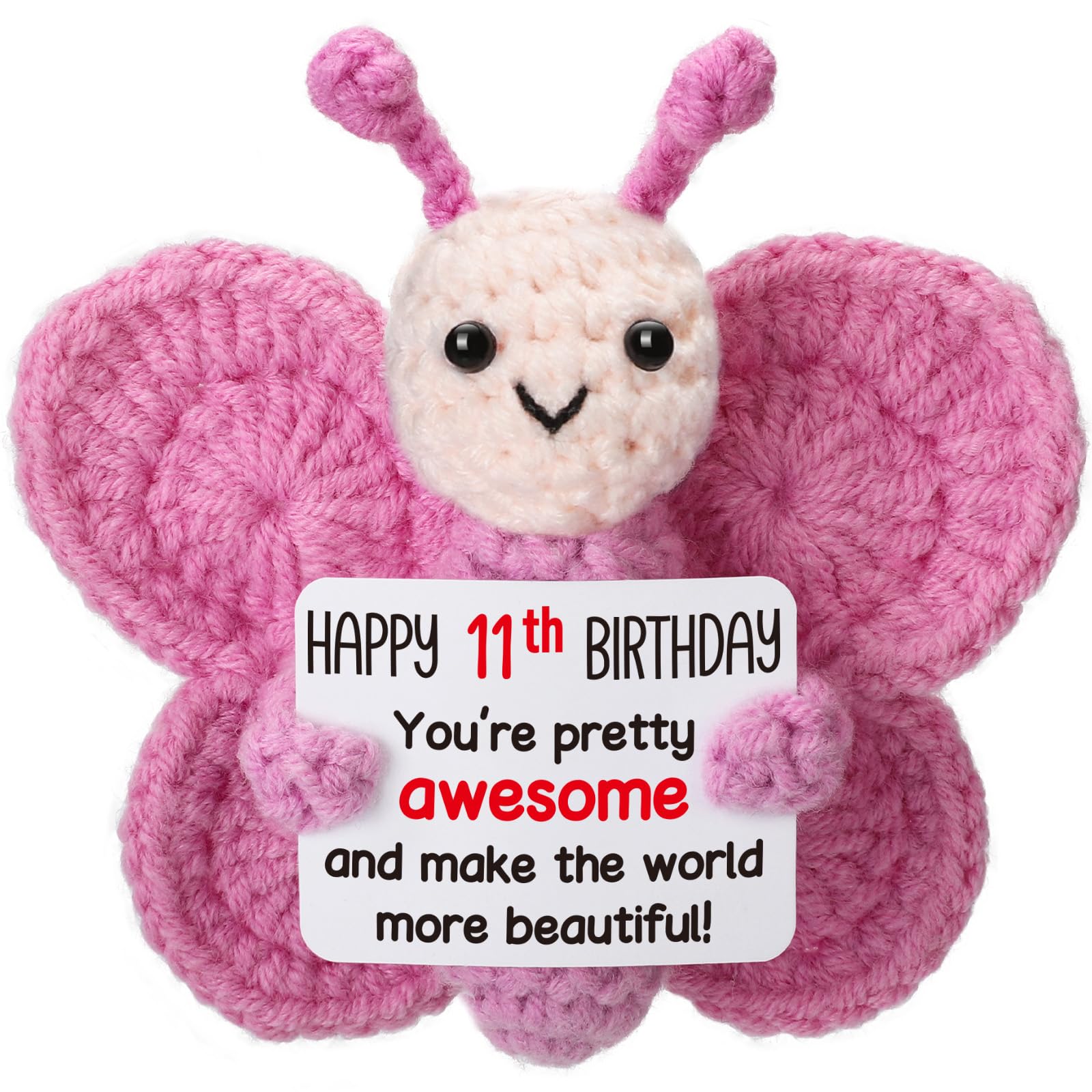 Photo 1 of Weming Pink Crochet Butterfly 11th Birthday Gift, Handmade 4" Amigurumi Plush with “Happy 11th Birthday” Sign, Cute Stuffed Butterfly for Girls Daughter Granddaughter, Desk Décor