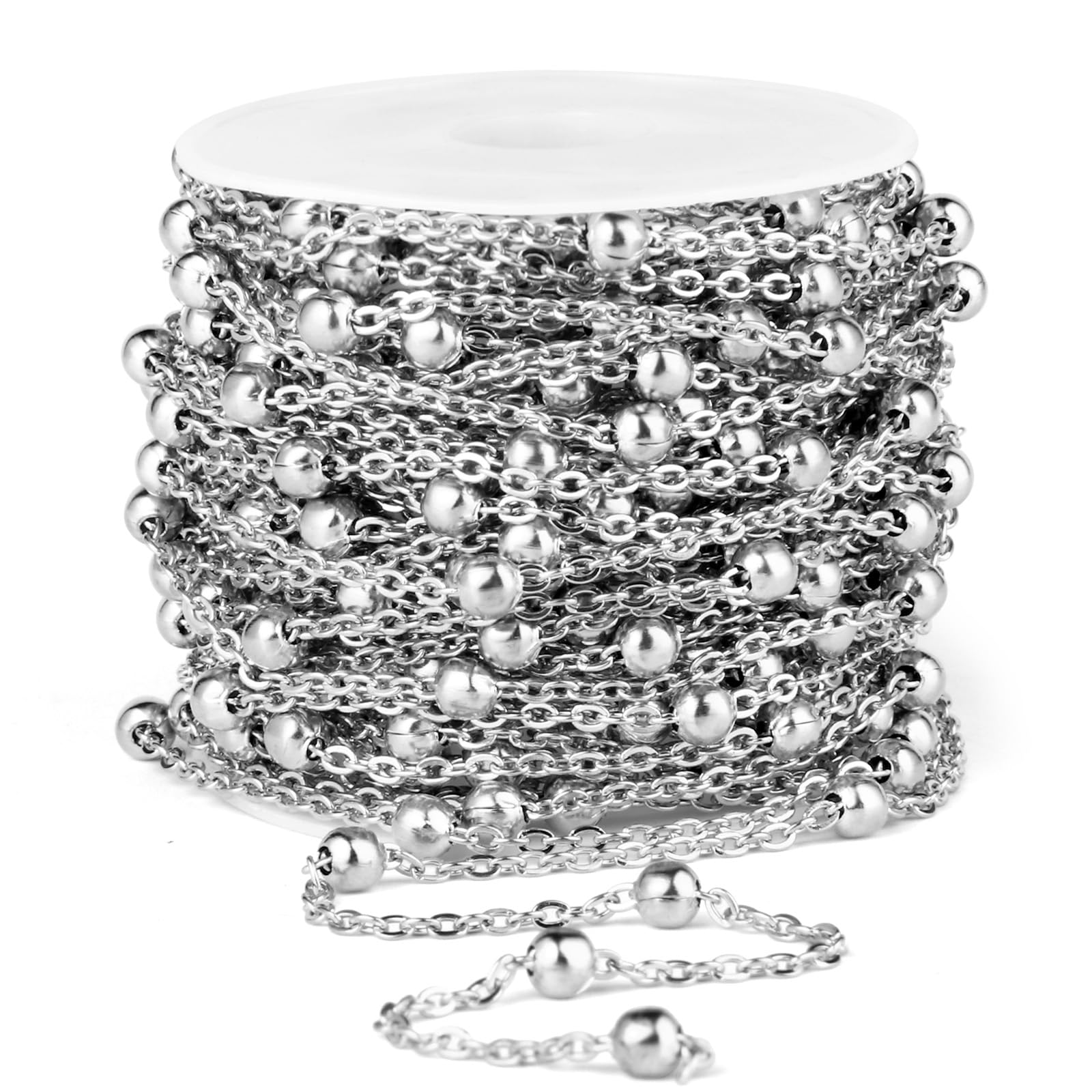33 Feet Stainless Steel Satellite Bead Chains Roll, 2mm 304 Stainless Steel Ball Beaded Cable Link Chains Spool Bulk for Jewelry Making DIY Craft