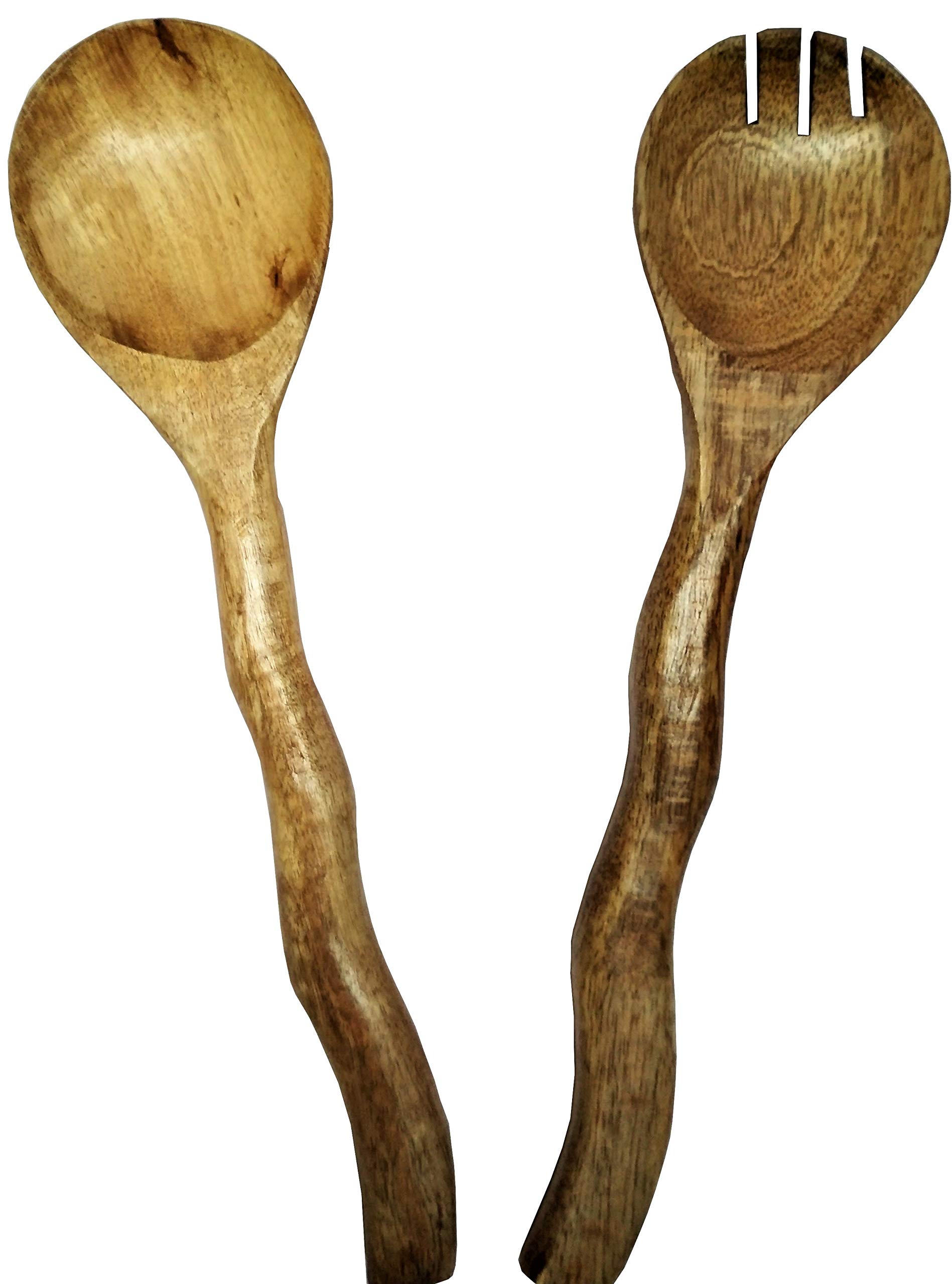 Purpledip Wooden Serving Spoon & Fork Set 'Windy Wood': Handmade Vintage Tableware or Kitchen Decorative Accent (11630)