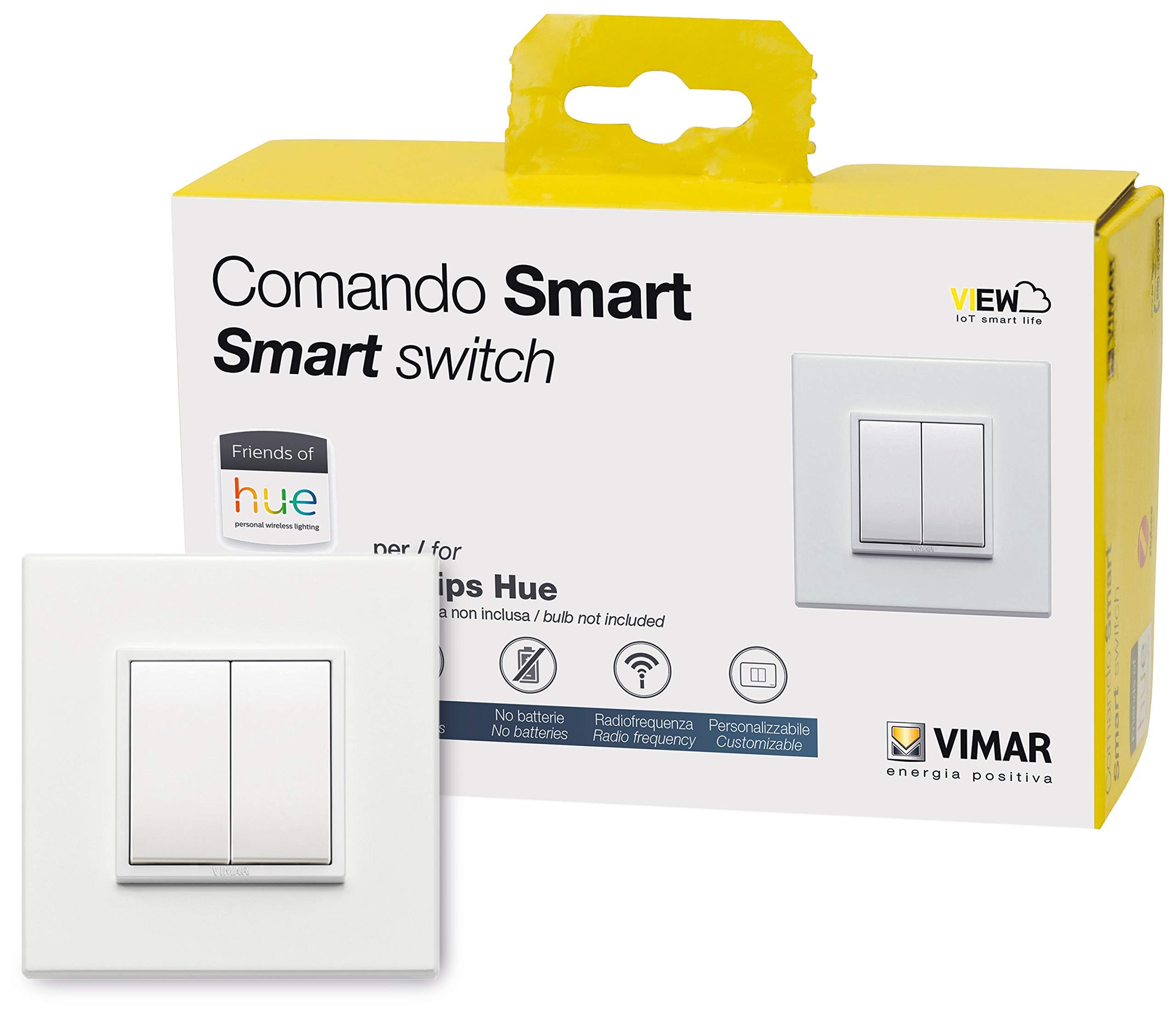 VIMAR 0K03906.03 Eikon Evo Friends of Hue Smart Switch Kit, Wireless Light Switch without Battery, Dimmer Switch Kit contains Double Cover Plate, Mounting Frame, Switch And 2 Buttons