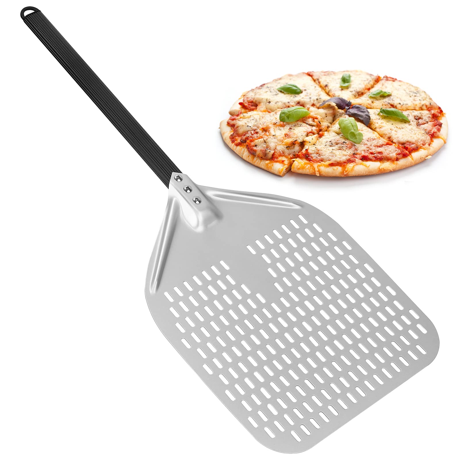 SMRONAR Pizza Peel 12 Inch, Perforated Long Pizza Paddle, Anodized Aluminum Turning Pizza Peel for Any Outdoor Or Indoor Pizza Grill Oven, Homemade Pizzas Bread