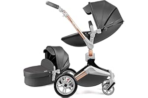 HOT MOM 360 Degree Rotation Baby Stroller/Carriage, PU Leather Pushchair Pram, 2022 (F023) (F023 Black)