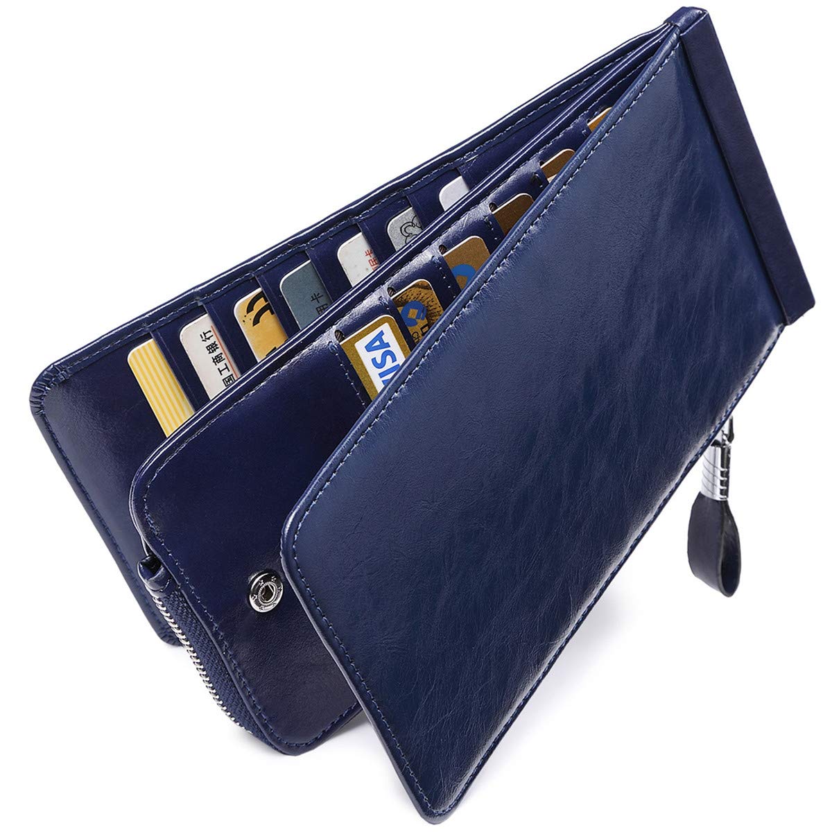 Huztencor Credit Card Holder Wallet Women RFID Blocking Purse Designer Leather Ladies Slim Multi Card Wallet Holder Case Sleeve with ID Window Oil Blue