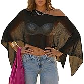 MAKABO Women's Crochet Sheer Poncho Top Lightweight Sparkly Shrug Pullover Knit Bolero Sweater Cover Up Beachwear