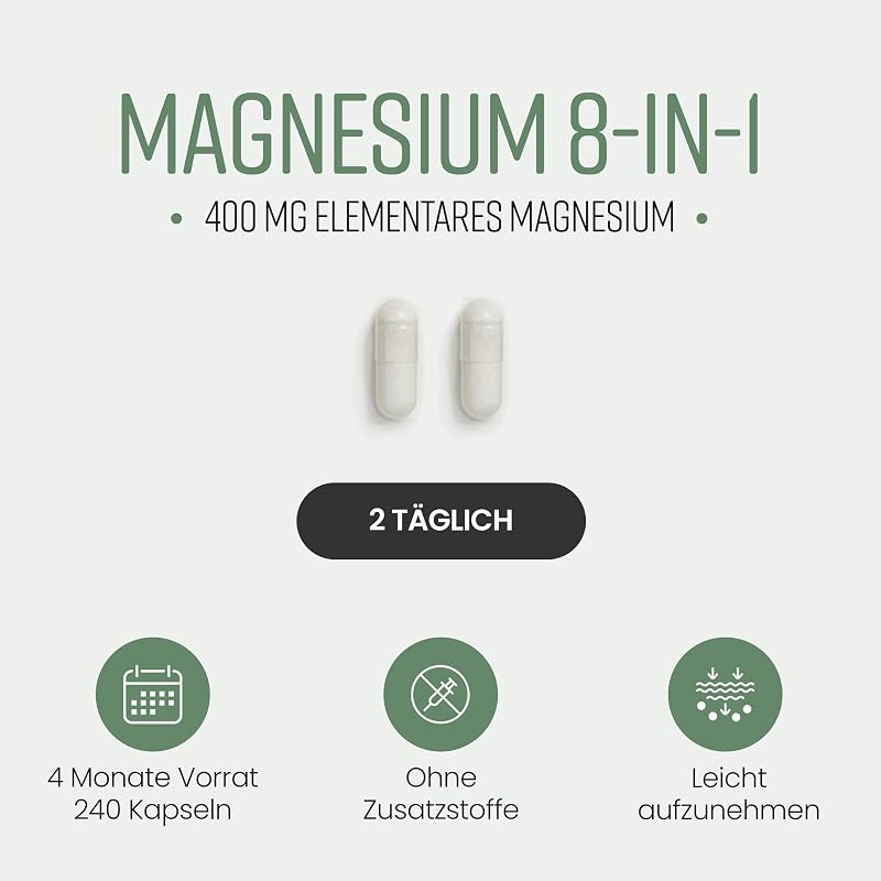 Magnesium Komplex 8-in-1 hochdosiert 400mg | 240 vegane Kapseln | 4 Monate Vorrat | Magnesium Malat, Bisglycinat, Citrat, Taurat Ohne Zusatzstoffe | Laborgeprüft | VitaBright