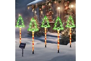 BRIGHTDECK Christmas Solar Pathway Lights Outdoor Decorations, 8 Modes Xmas Tree Candy Lights Waterproof Led Garden Stake Light for Walkway Yard Lawn Porch Holiday Decor 5-Pack (Red Tube Tree, 5 Pack)