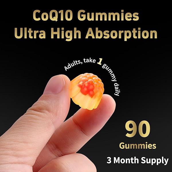 COQ10 GUMMIES, CO Q 10 SUPPLEMENT SUGAR FREE, CQ10 600MG WITH OMEGA 3 & VITAMIN E, HIGH ABSORPTION COENZYME Q10 GUMMIES FOR HEART HEALTHY, ENERGY & ANTIOXIDANT SUPPORT, ORANGE FLAVOR, 90 COUNT