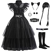 Black Dress for Kids Girls, Addams Family Cosplay Outfit Gothic Costumes for Halloween, Family Party, Birthday