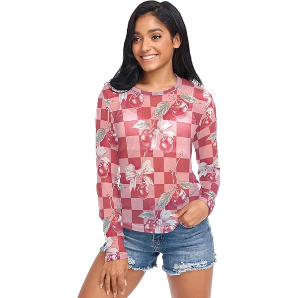 Women's Long Sleeve Mesh Top Red Cherry White Bow Checkered Plaid