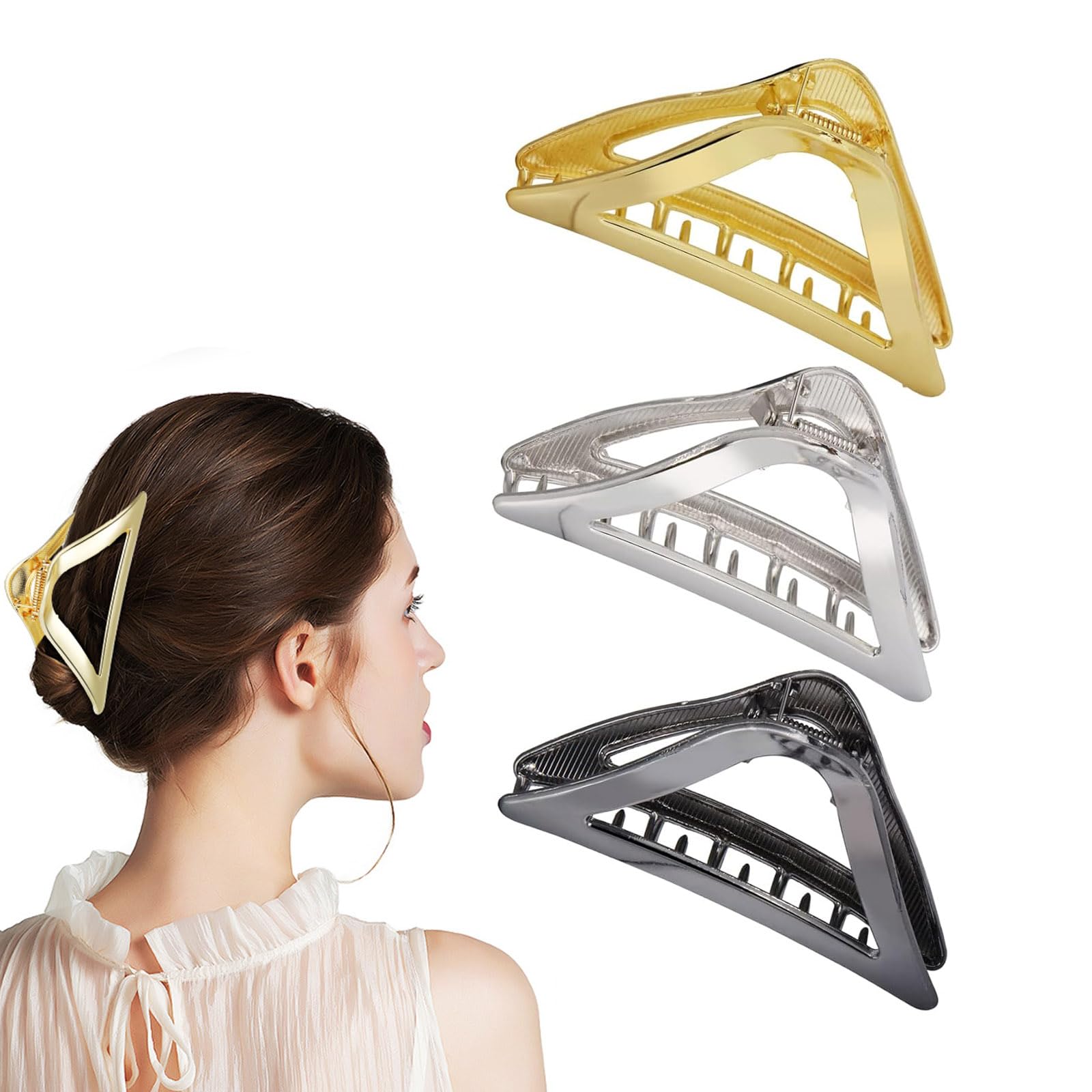 Beavorty 3 Pcs Hair Claw Hair Clips Triangle Hair Clips Metal Pearl Hair Claw Clips Strong Hold Large Jaw Clips for Women Girls Thick Medium Hair