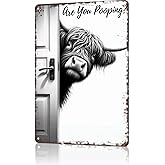 8x12 Inch Vintage Highland Cow Metal Sign, Funny Bathroom Wall Art with "Are You Pooping?" Quote, Unique Western Farmhouse Decor for Cow Lovers