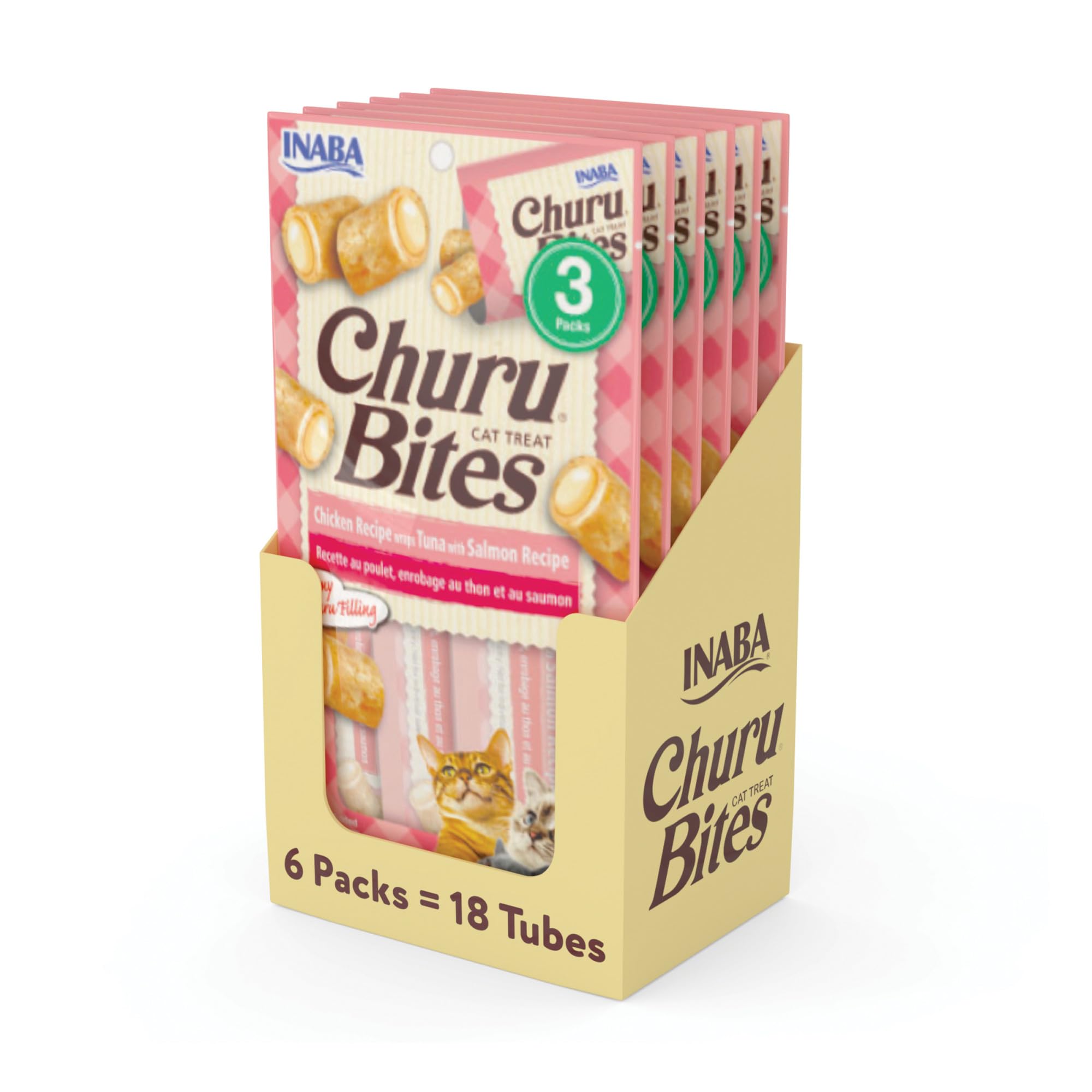 Photo 1 of INABA Churu Bites for Cats, Soft/Chewy Baked Chicken Wrapped Churu Filled Cat Treats with Vitamin E, 0.35 Ounces per Tube, 18 Tubes Total (3 Tubes per Pack), Tuna with Salmon Recipe EXP 3/31/27