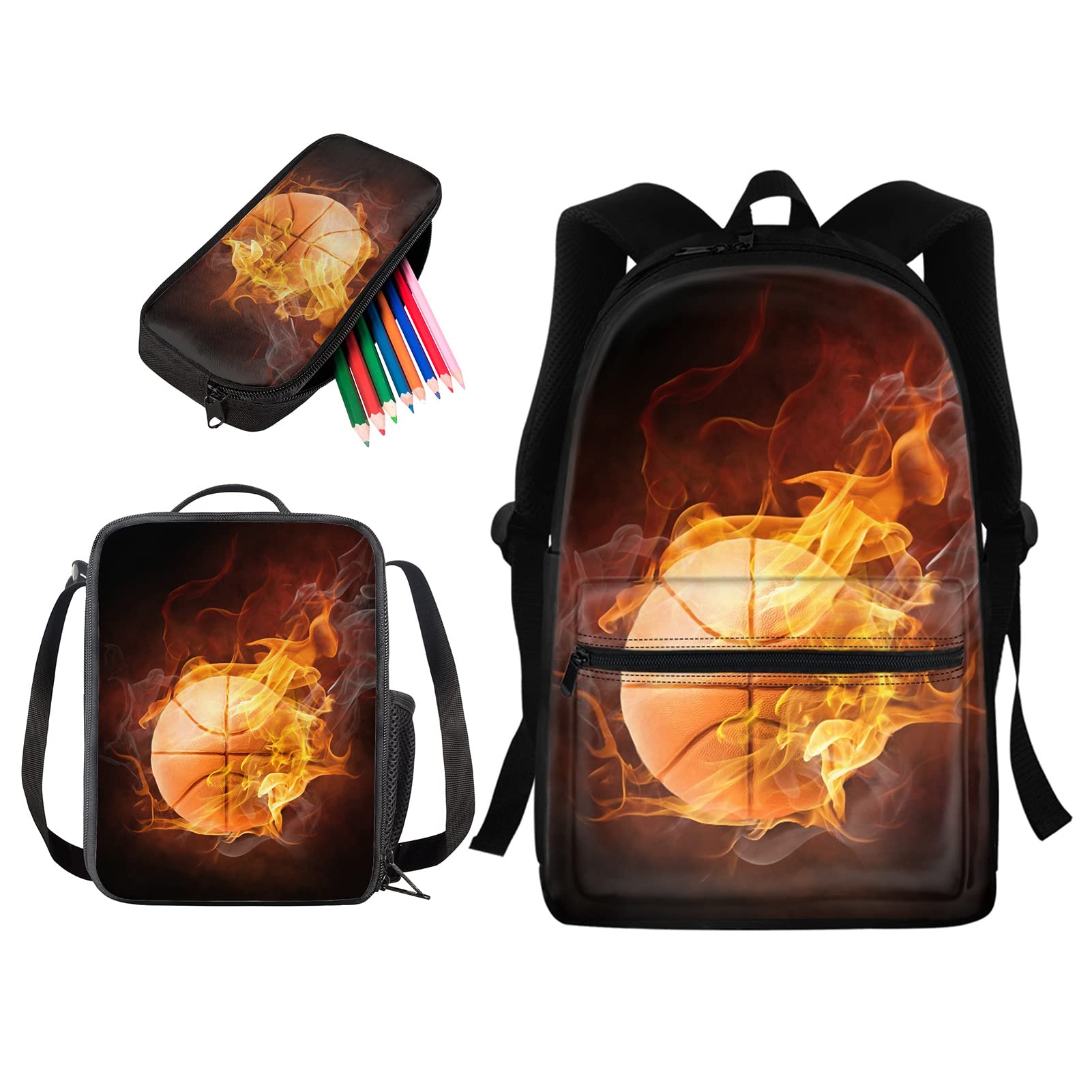 HUGS IDEA Fire Basketball 16 Inch Backpack Set Teen Girls Cute School Bags Shoulder Bookbag Lunch Box Pencil Case 3 in 1