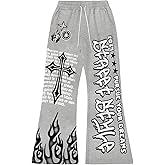 WDIRARA Men's Flared Graphic Y2k Sweatpants Wide Leg Drawstring Gothic Streetwear Casual Pants