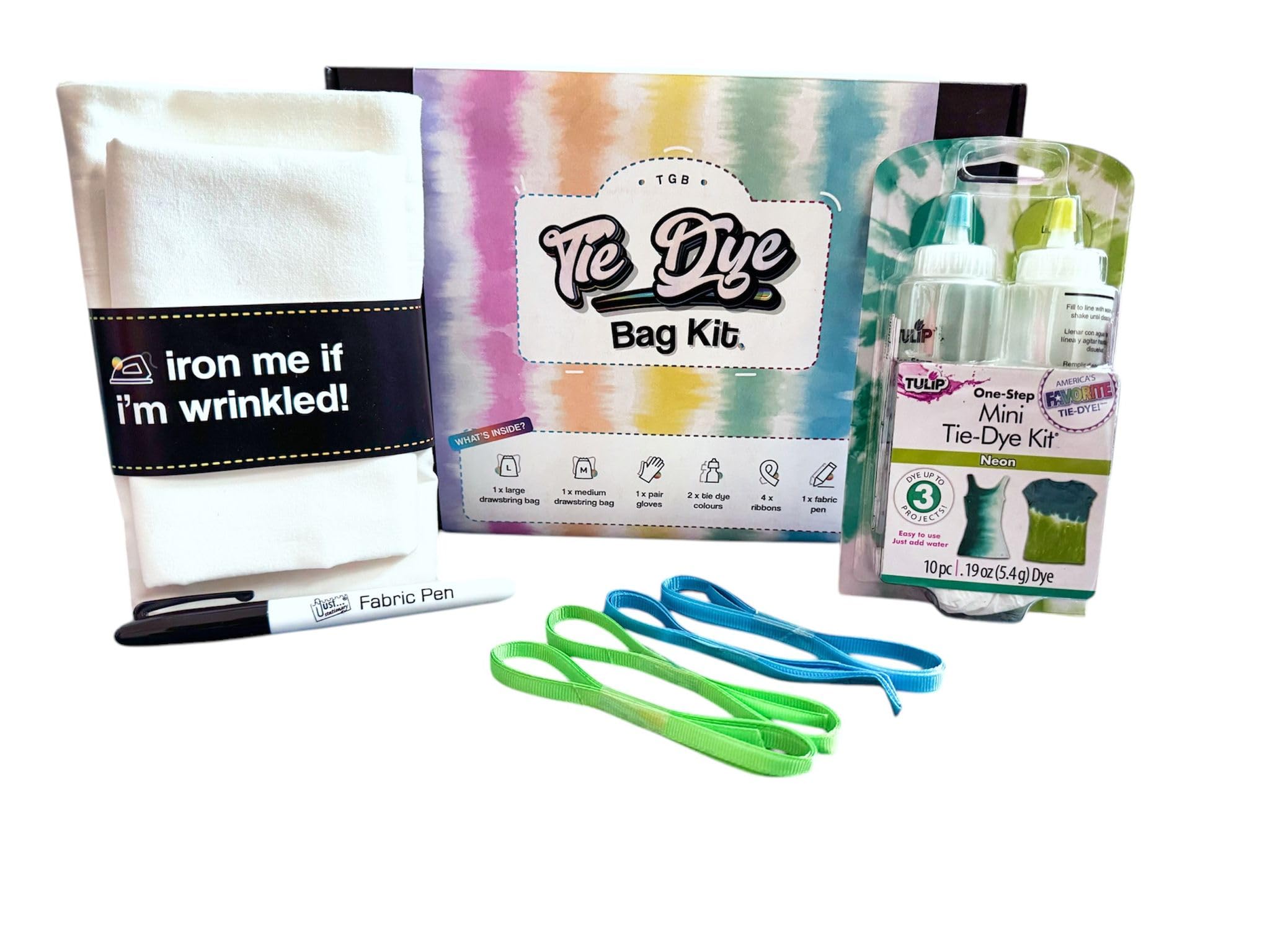 TGB Tie Dye Fabric Gift Bag Kit - DIY Green & Blue Tulip Tie-Dye Set for Beginners, Kids & Adults, Includes Ribbon Drawstring Tote Bags, Perfect for Crafts, Art Projects & Christmas Gifts